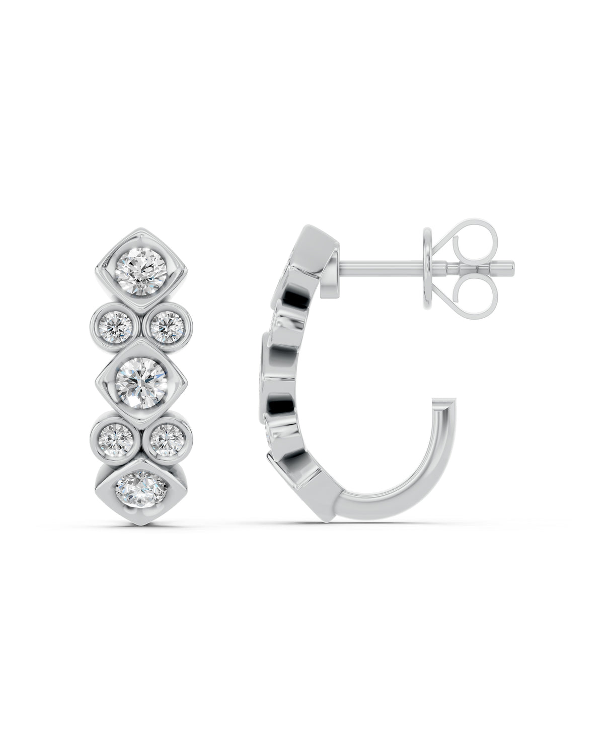 Geometric Bezel Lab-Grown Diamond J-Hoop Earrings in white gold, view 3 | E045-M03