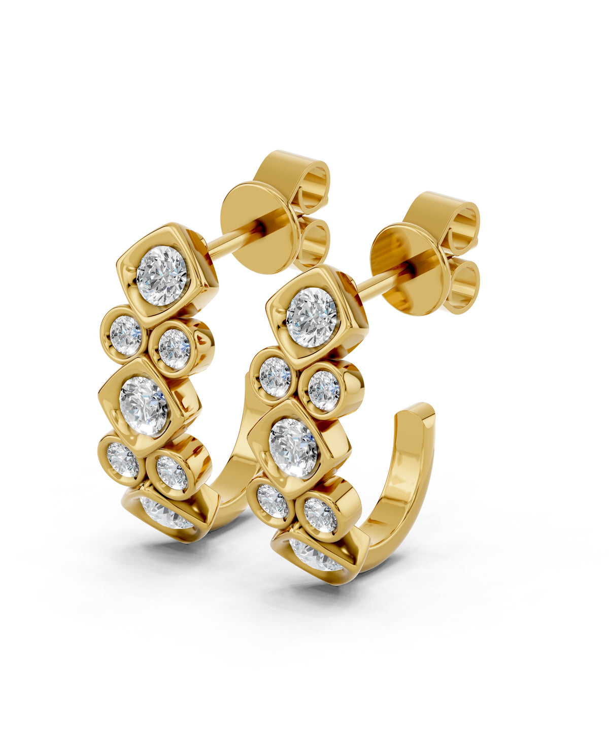 Geometric Bezel Lab-Grown Diamond J-Hoop Earrings in yellow gold, view 1 | E045-M04