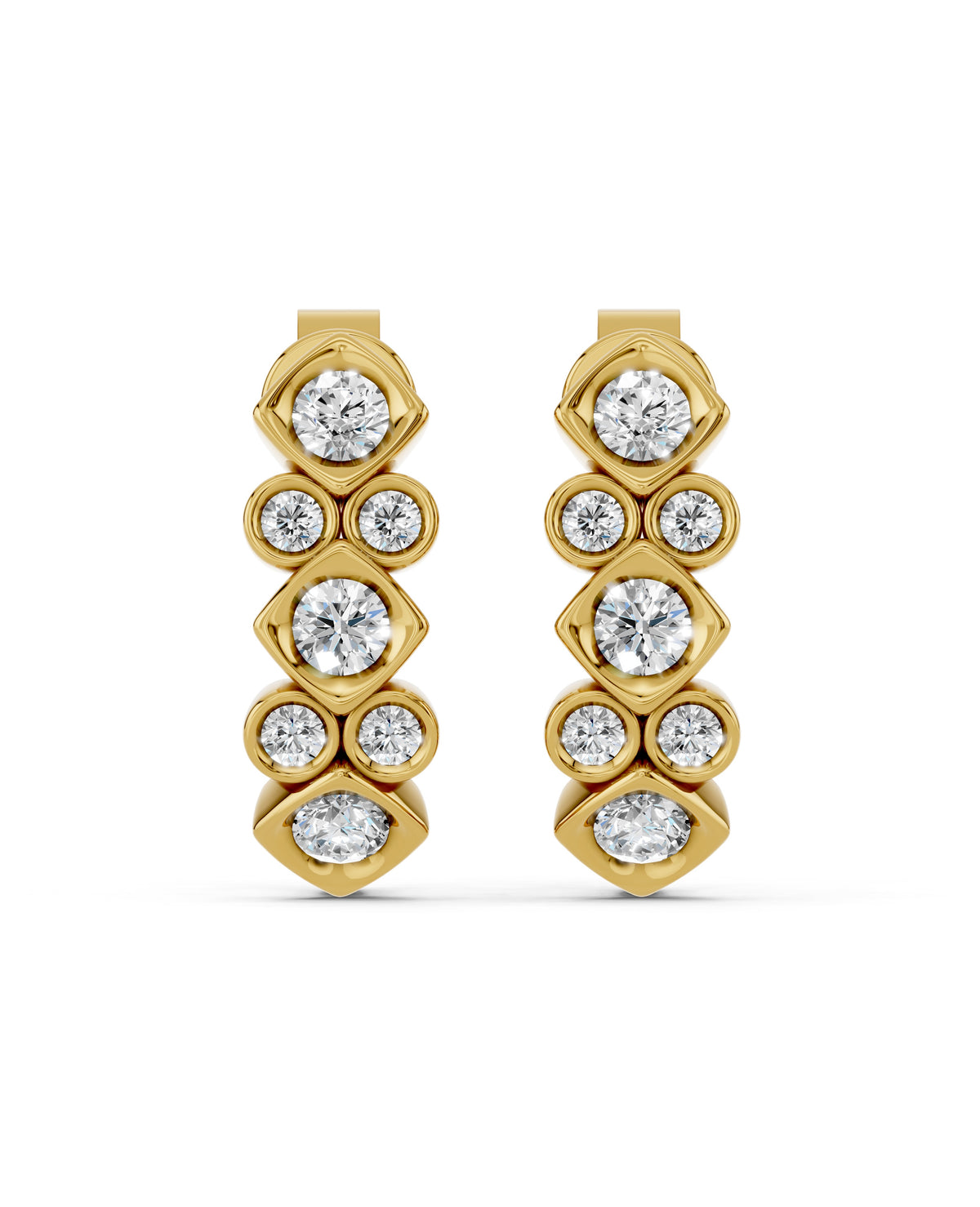 Geometric Bezel Lab-Grown Diamond J-Hoop Earrings in yellow gold, view 2 | E045-M05
