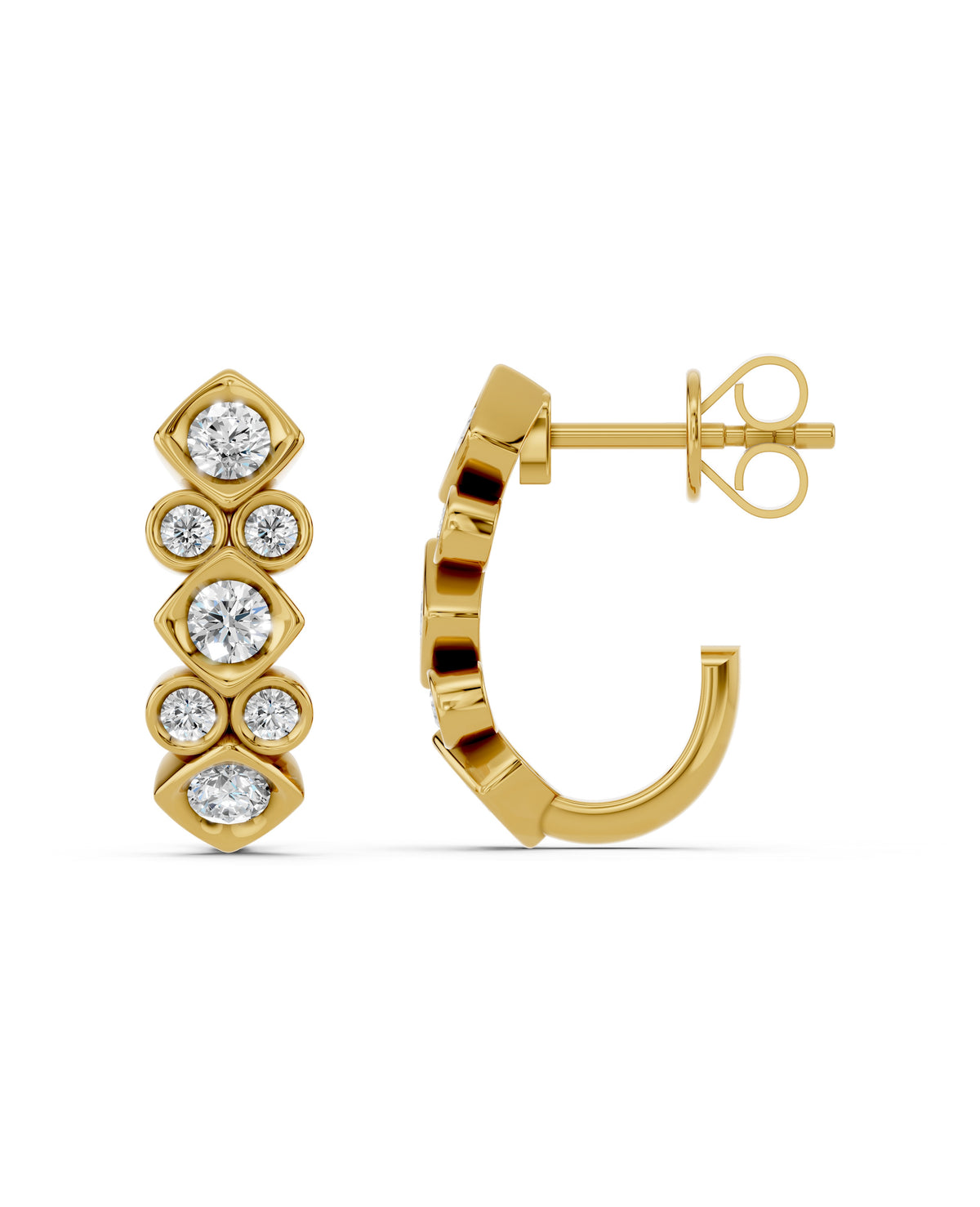 Geometric Bezel Lab-Grown Diamond J-Hoop Earrings in yellow gold, view 3 | E045-M06