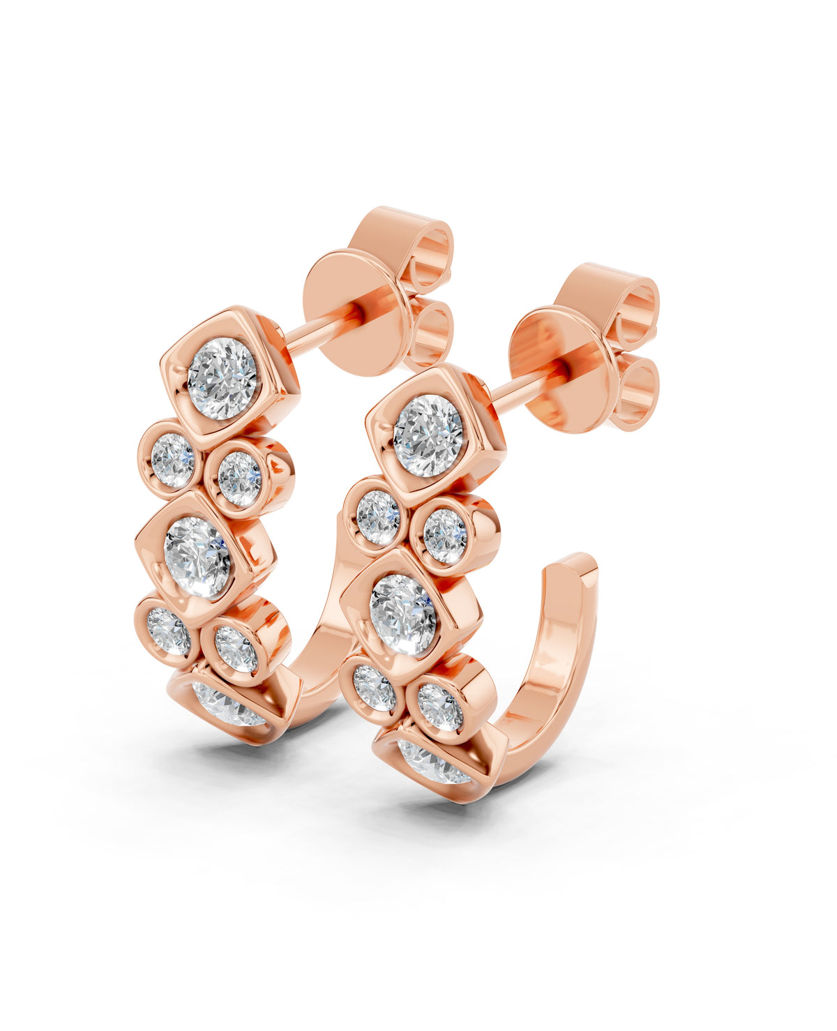 Geometric Bezel Lab-Grown Diamond J-Hoop Earrings in rose gold, view 1 | E045-M07