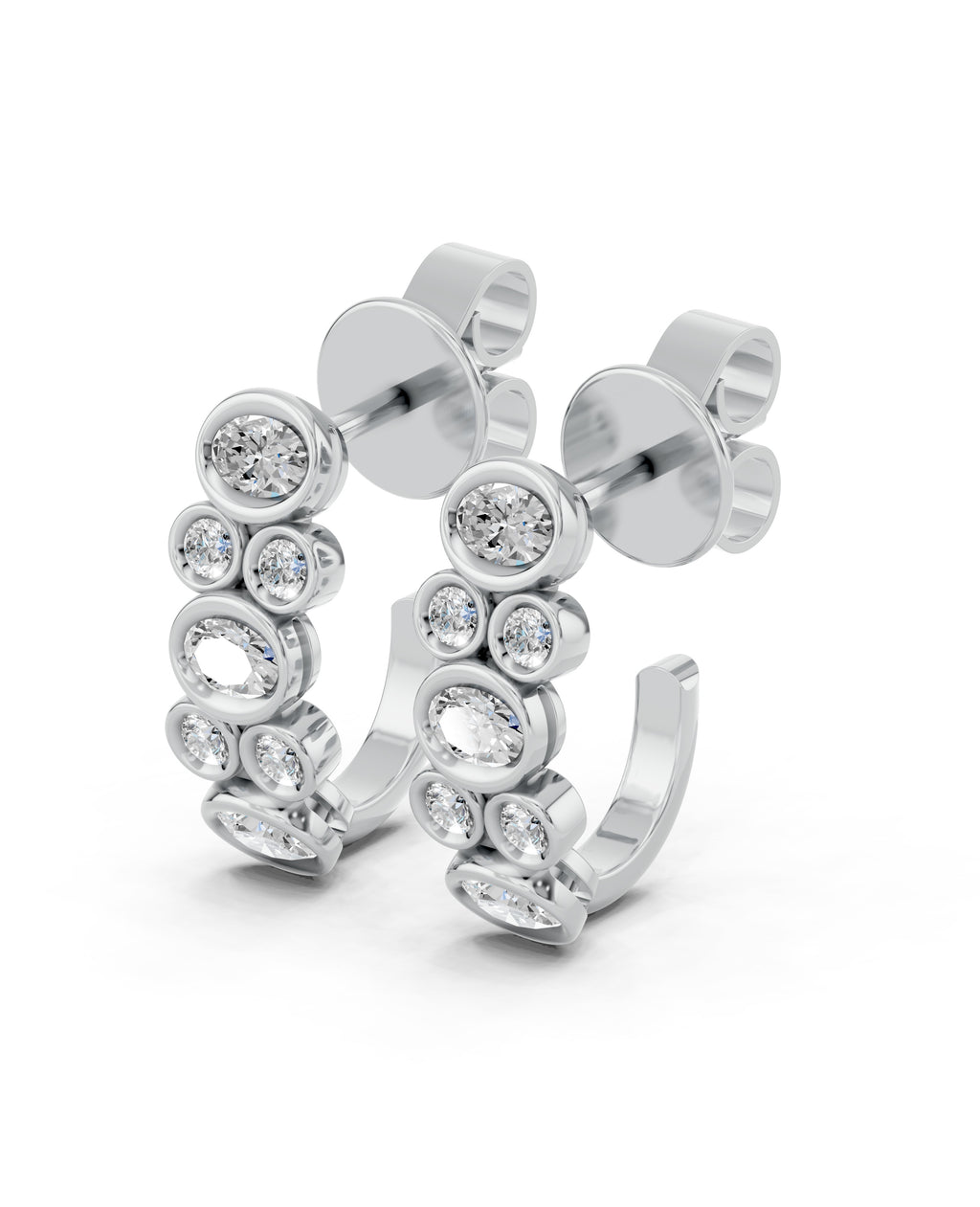 Oval & Round Bezel Lab-Grown Diamond J-Hoop Earrings in white gold, view 1 | E046-M01
