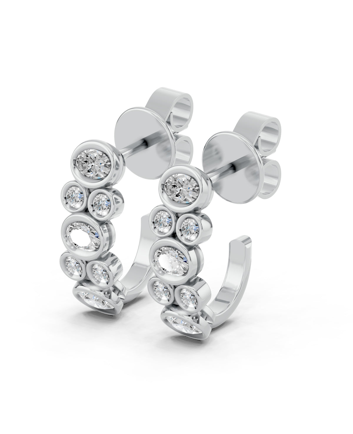 Oval & Round Bezel Lab-Grown Diamond J-Hoop Earrings in white gold, view 1 | E046-M01