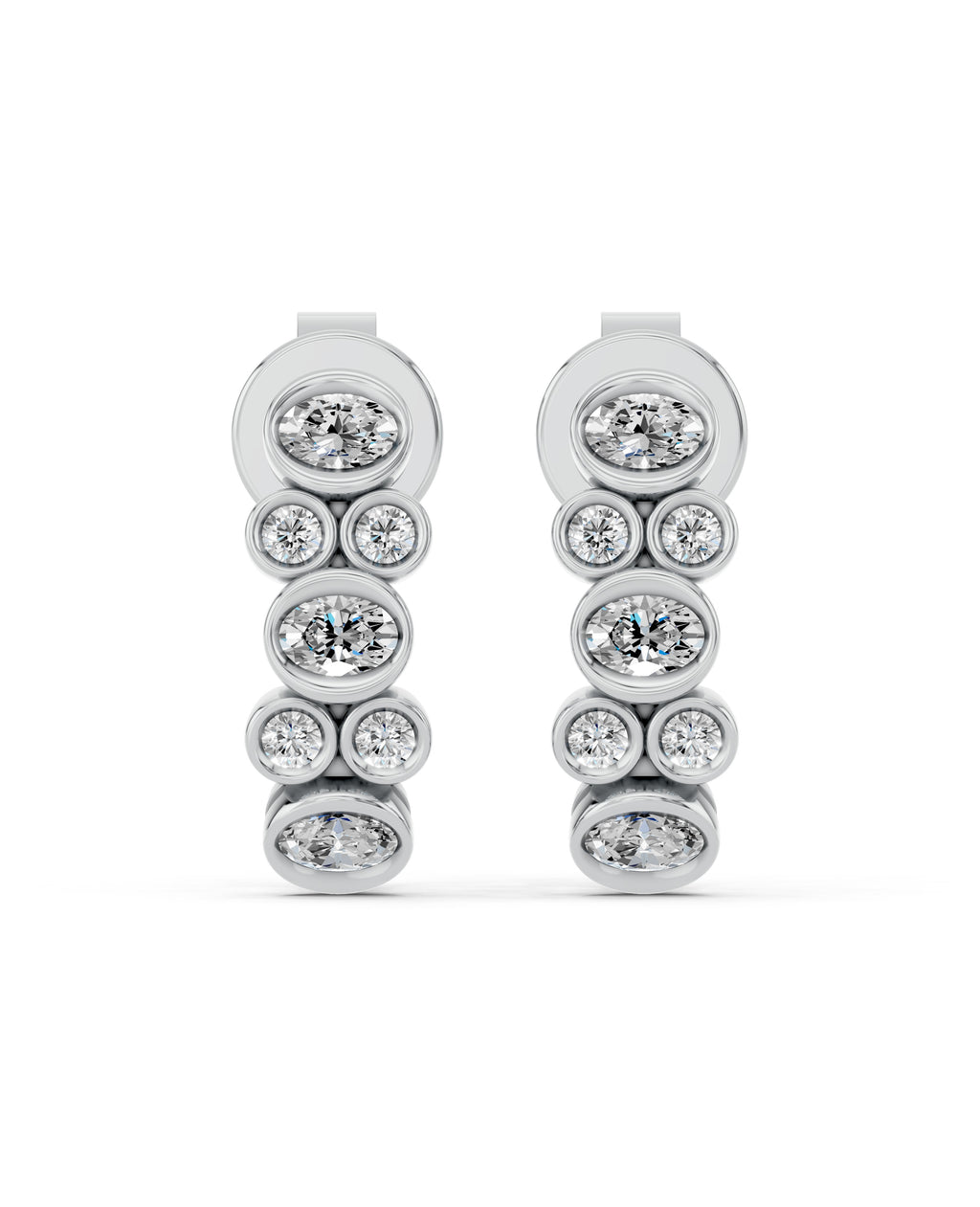 Oval & Round Bezel Lab-Grown Diamond J-Hoop Earrings in white gold, view 2 | E046-M02