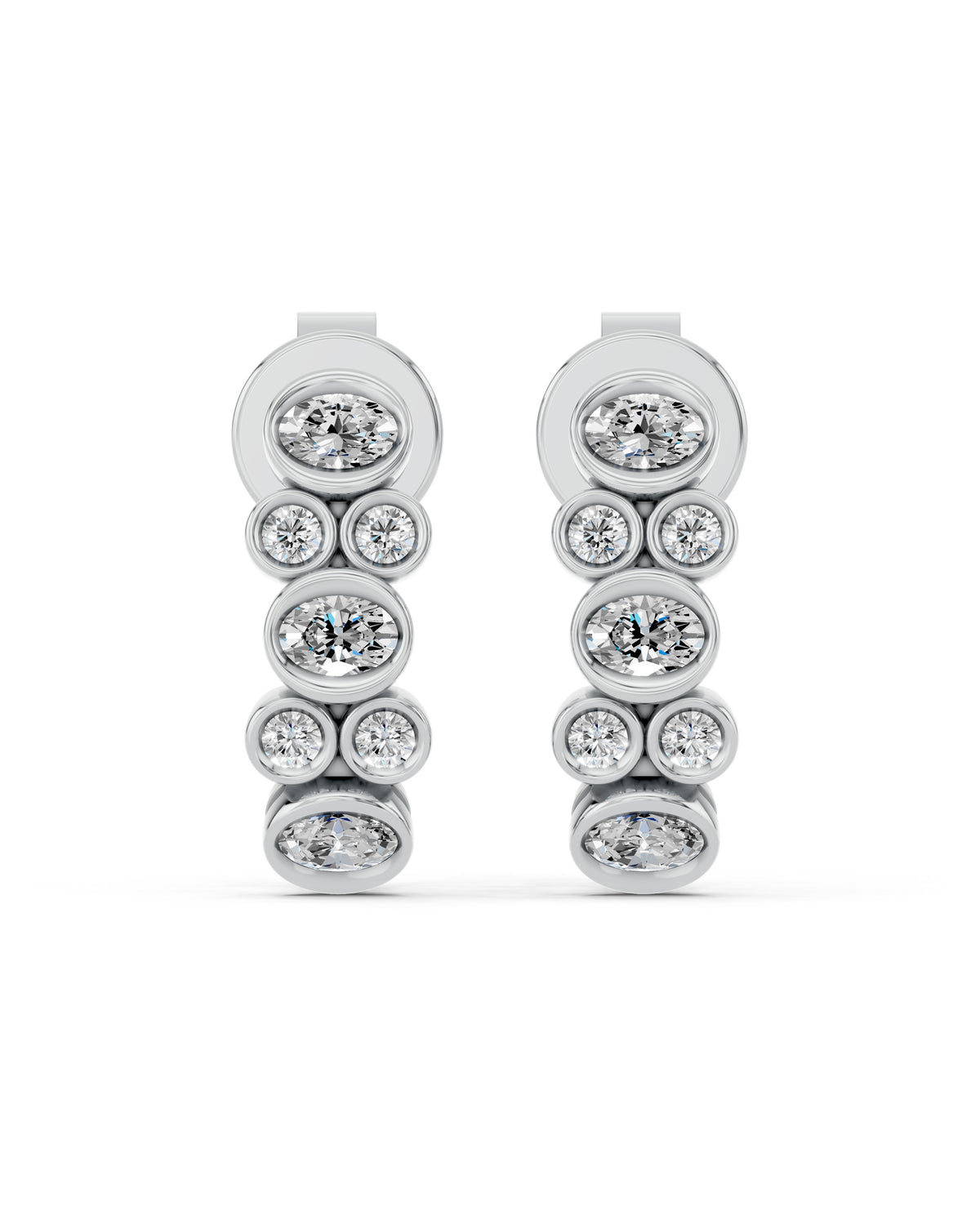 Oval & Round Bezel Lab-Grown Diamond J-Hoop Earrings in white gold, view 2 | E046-M02
