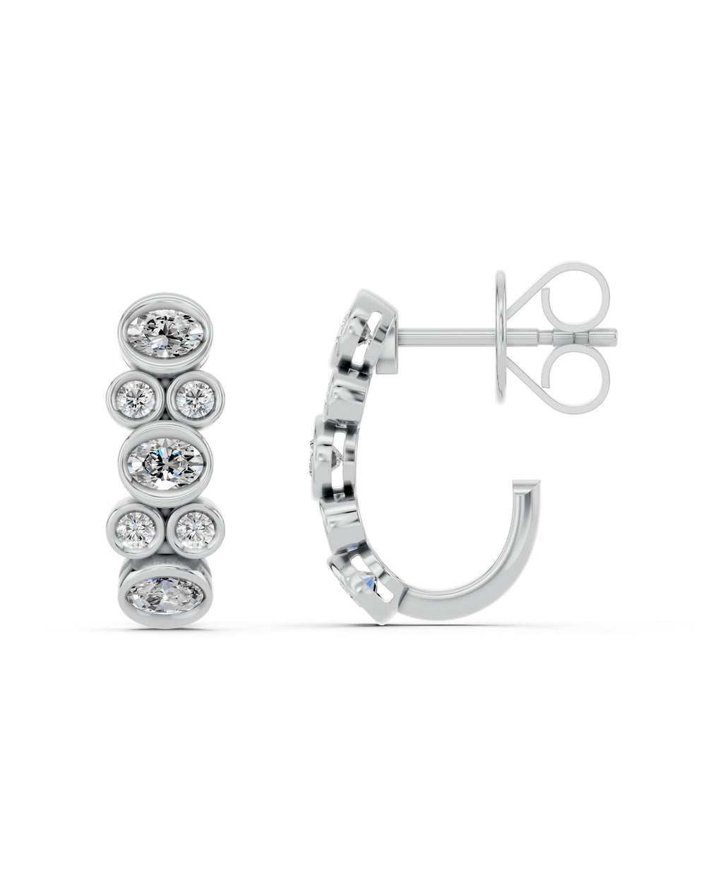 Oval & Round Bezel Lab-Grown Diamond J-Hoop Earrings in white gold, view 3 | E046-M03