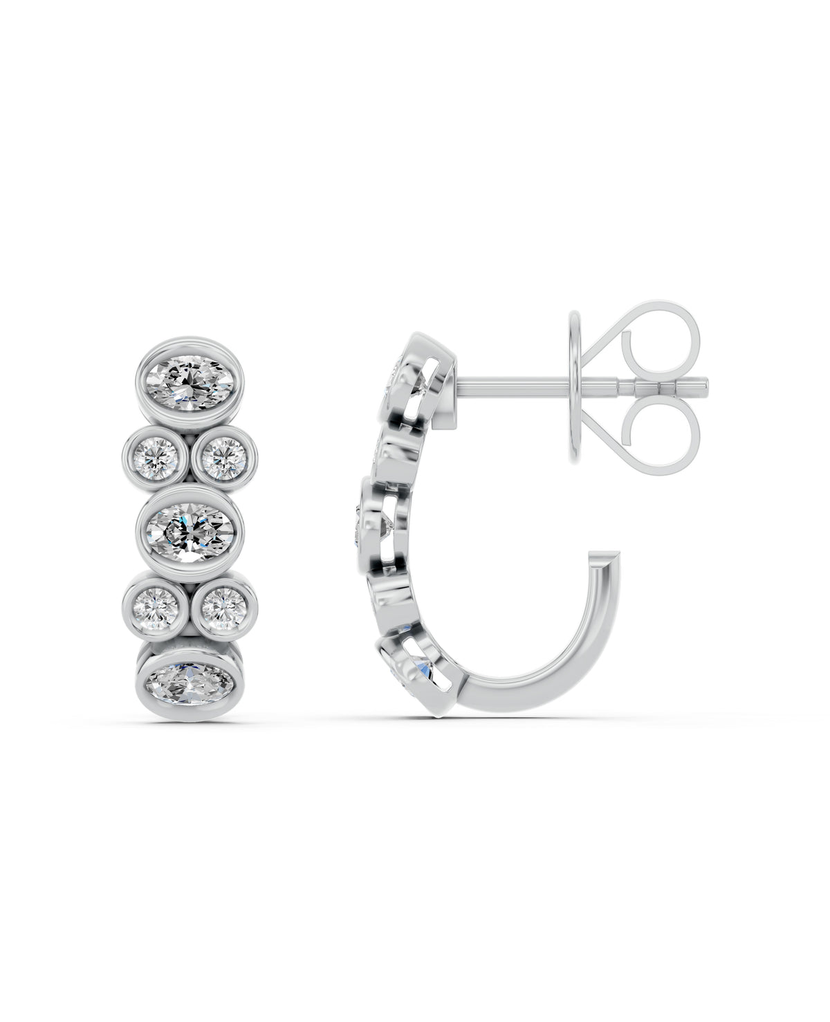 Oval & Round Bezel Lab-Grown Diamond J-Hoop Earrings in white gold, view 3 | E046-M03