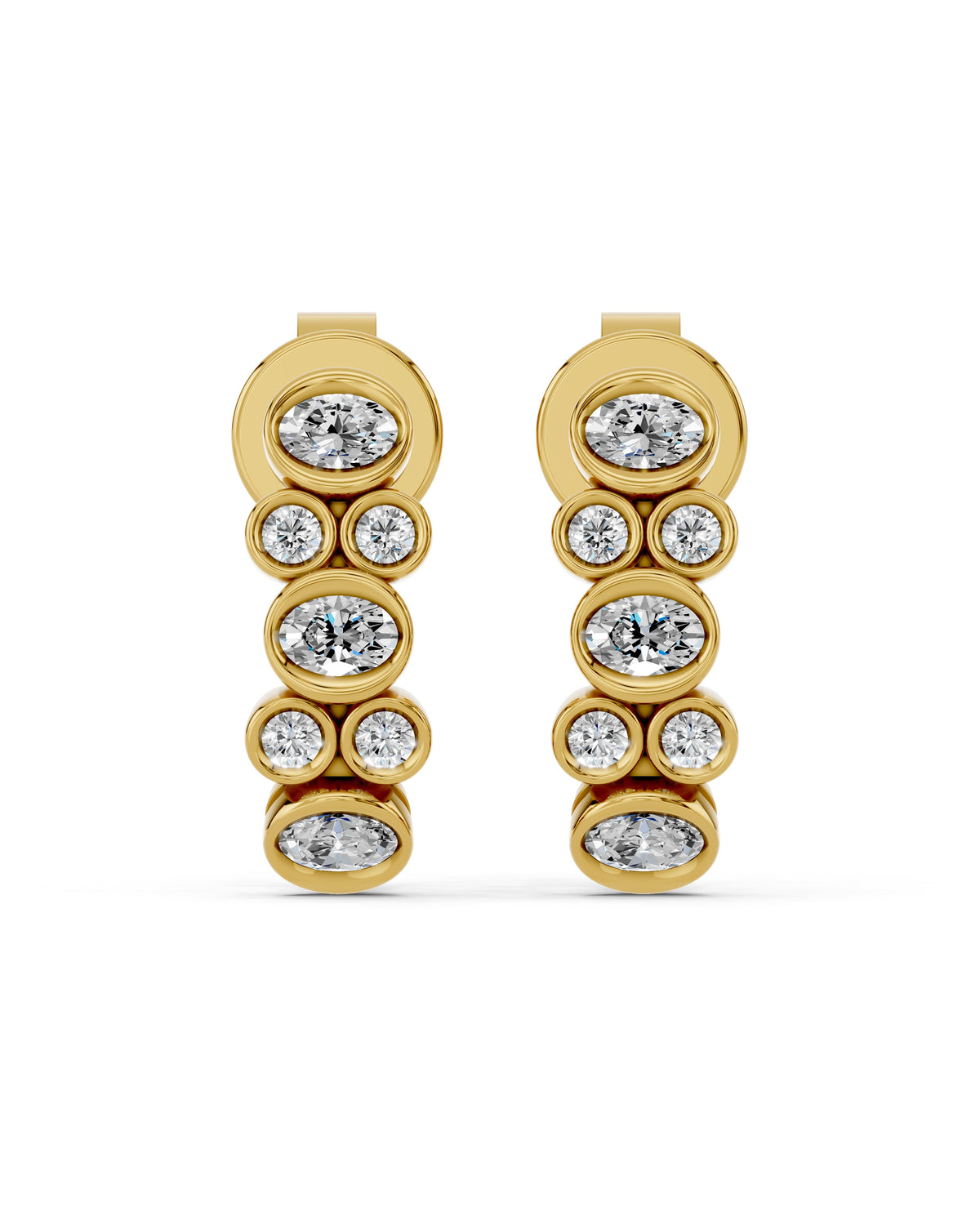 Oval & Round Bezel Lab-Grown Diamond J-Hoop Earrings in yellow gold, view 2 | E046-M05