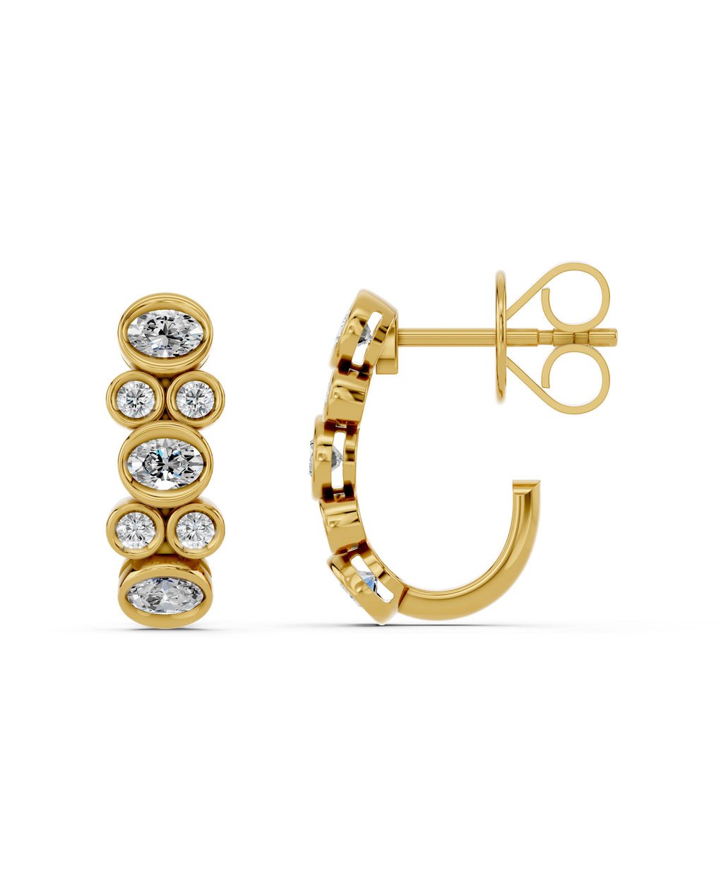 Oval & Round Bezel Lab-Grown Diamond J-Hoop Earrings in yellow gold, view 3 | E046-M06