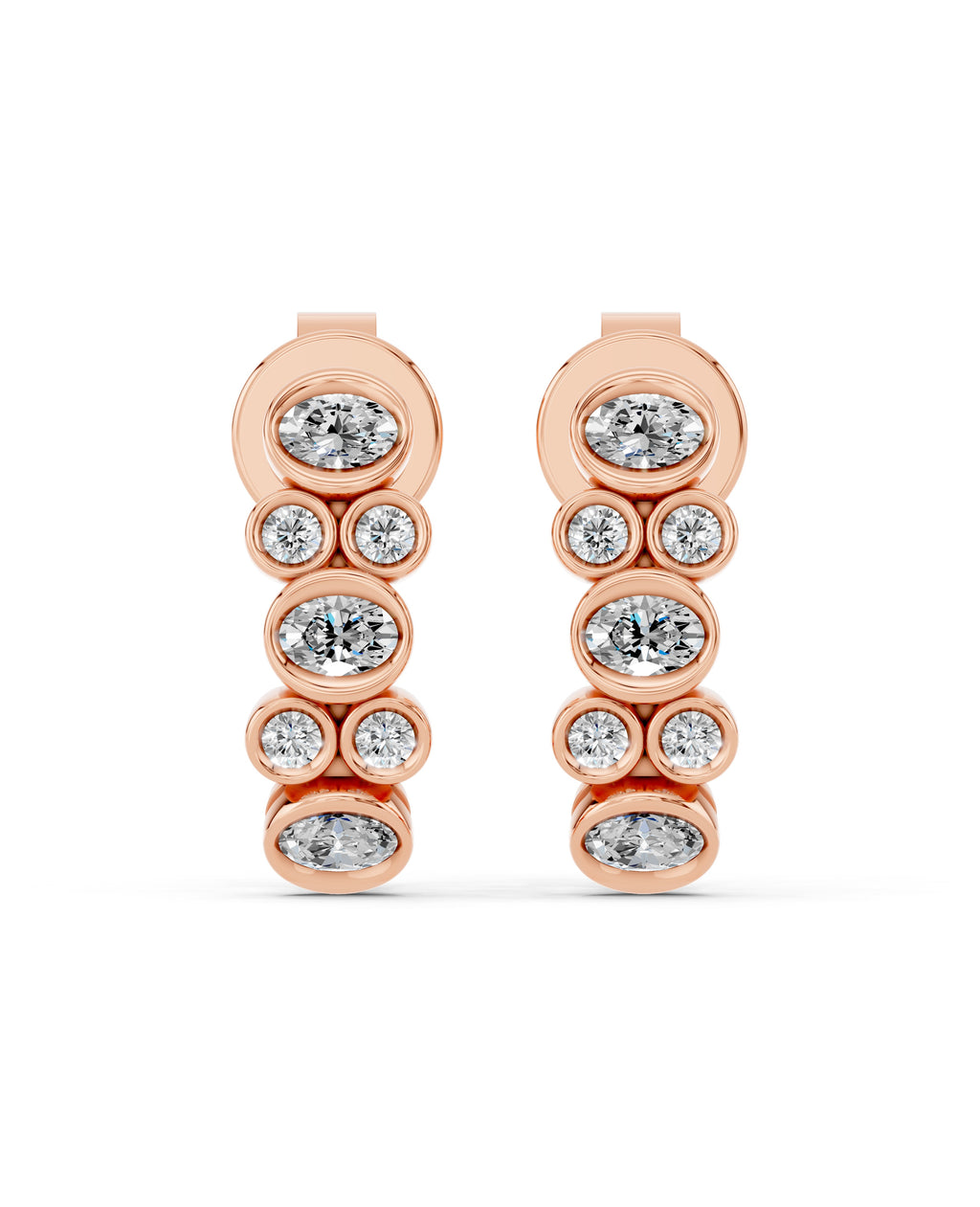 Oval & Round Bezel Lab-Grown Diamond J-Hoop Earrings in rose gold, view 2 | E046-M08
