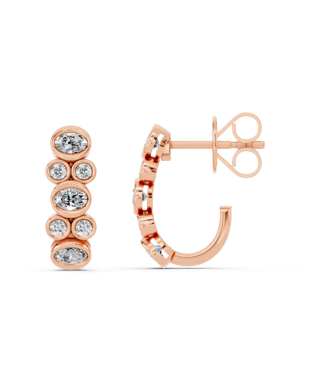 Oval & Round Bezel Lab-Grown Diamond J-Hoop Earrings in rose gold, view 3 | E046-M09