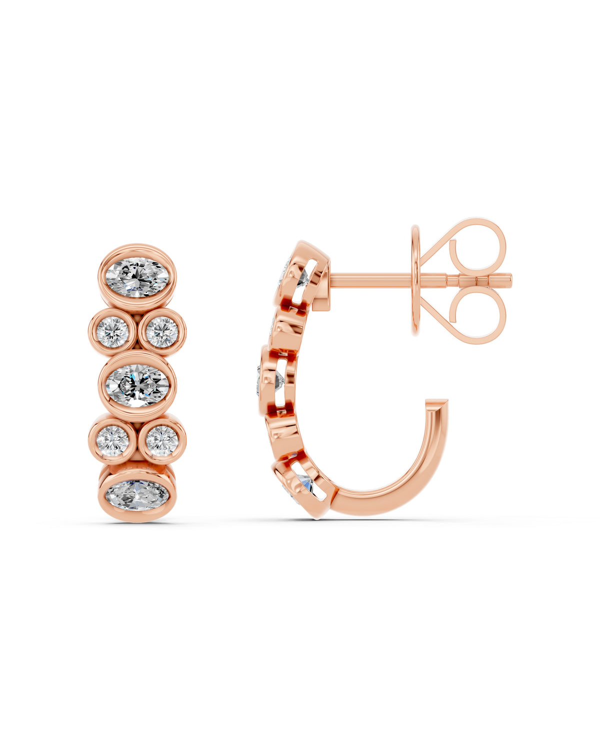 Oval & Round Bezel Lab-Grown Diamond J-Hoop Earrings in rose gold, view 3 | E046-M09