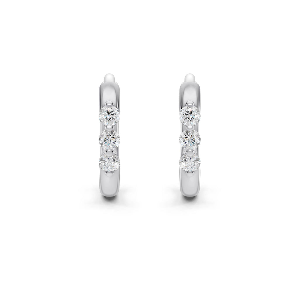 Three-Stone Lab-Grown Diamond Huggie Earrings in white gold, view 1 | E050-M01