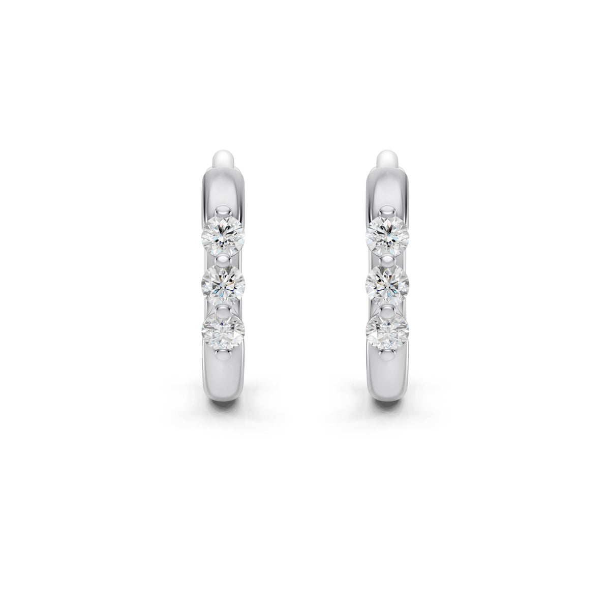 Three-Stone Lab-Grown Diamond Huggie Earrings in white gold, view 1 | E050-M01