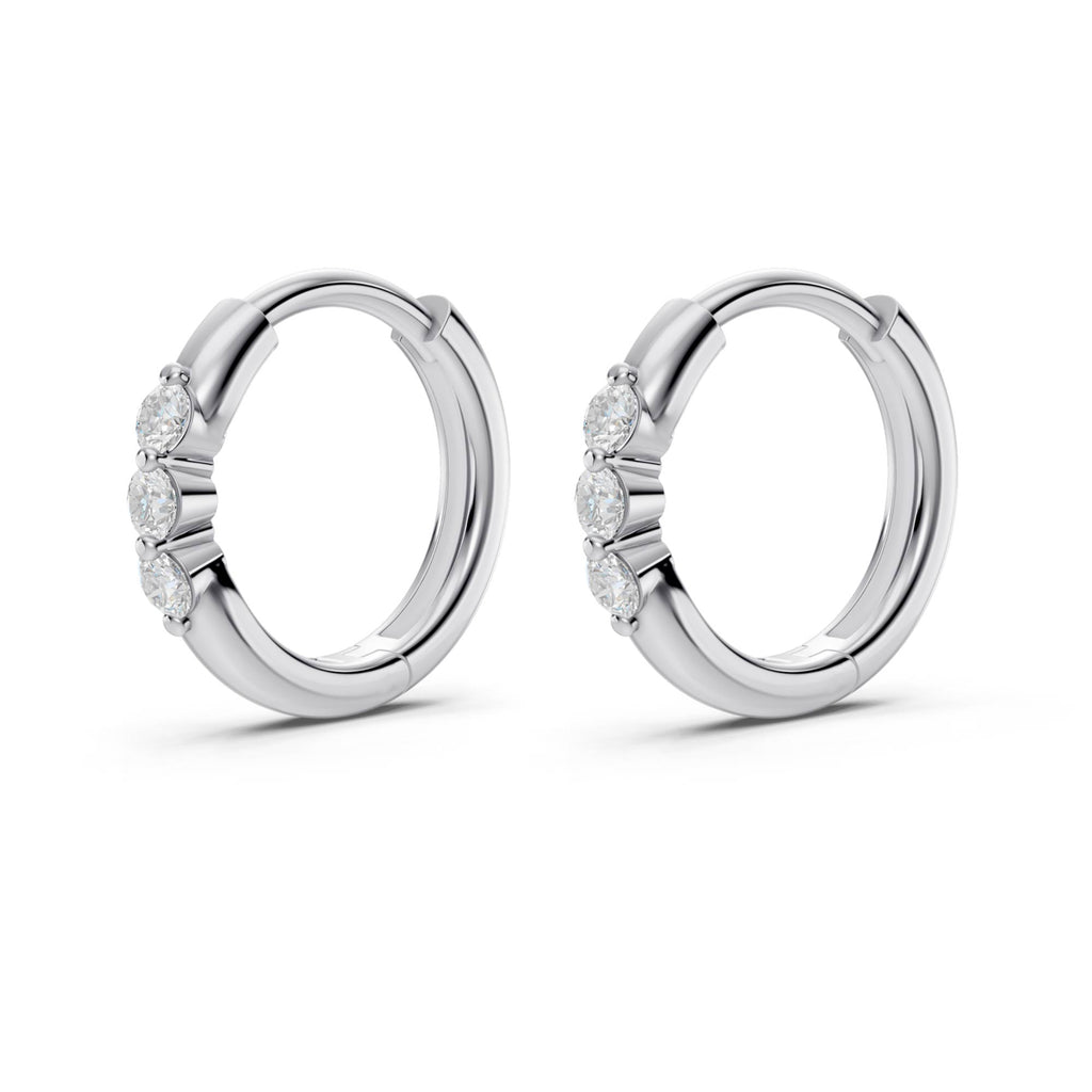 Three-Stone Lab-Grown Diamond Huggie Earrings in white gold, view 2 | E050-M02