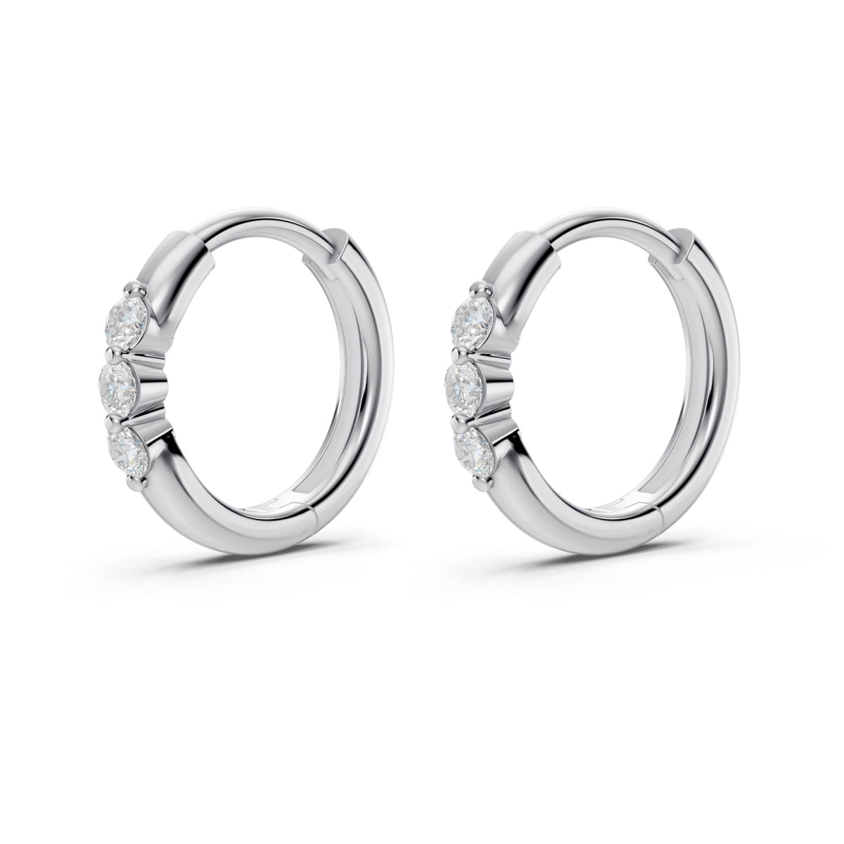 Three-Stone Lab-Grown Diamond Huggie Earrings in white gold, view 2 | E050-M02