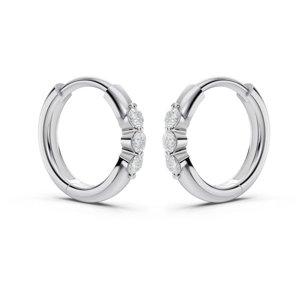 Three-Stone Lab-Grown Diamond Huggie Earrings in white gold, view 3 | E050-M03