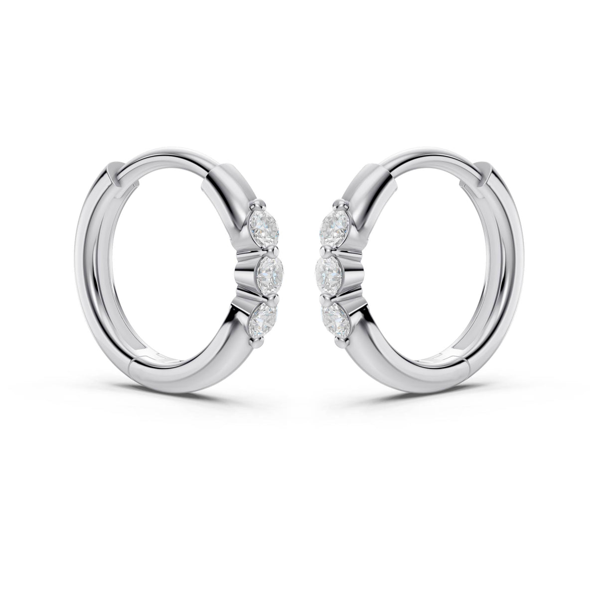 Three-Stone Lab-Grown Diamond Huggie Earrings in white gold, view 3 | E050-M03