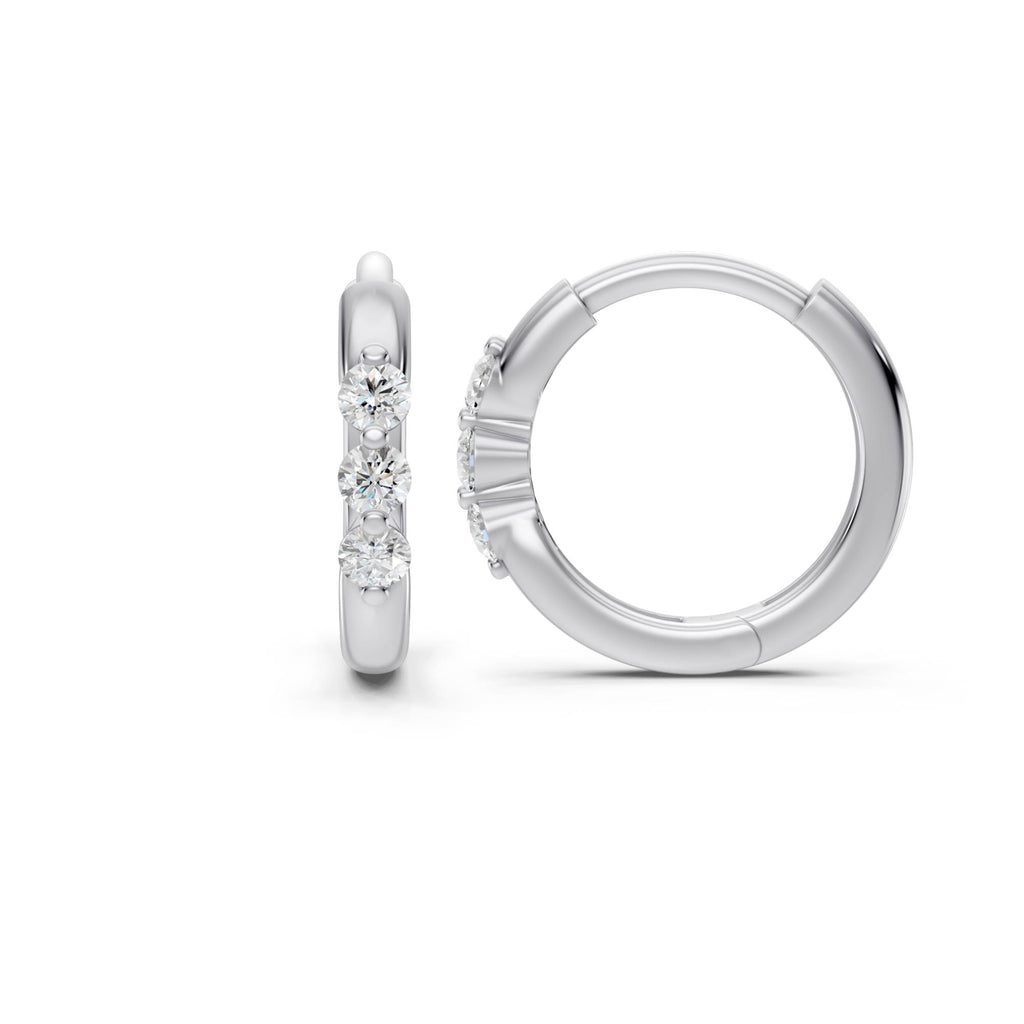 Three-Stone Lab-Grown Diamond Huggie Earrings in white gold, view 4 | E050-M04