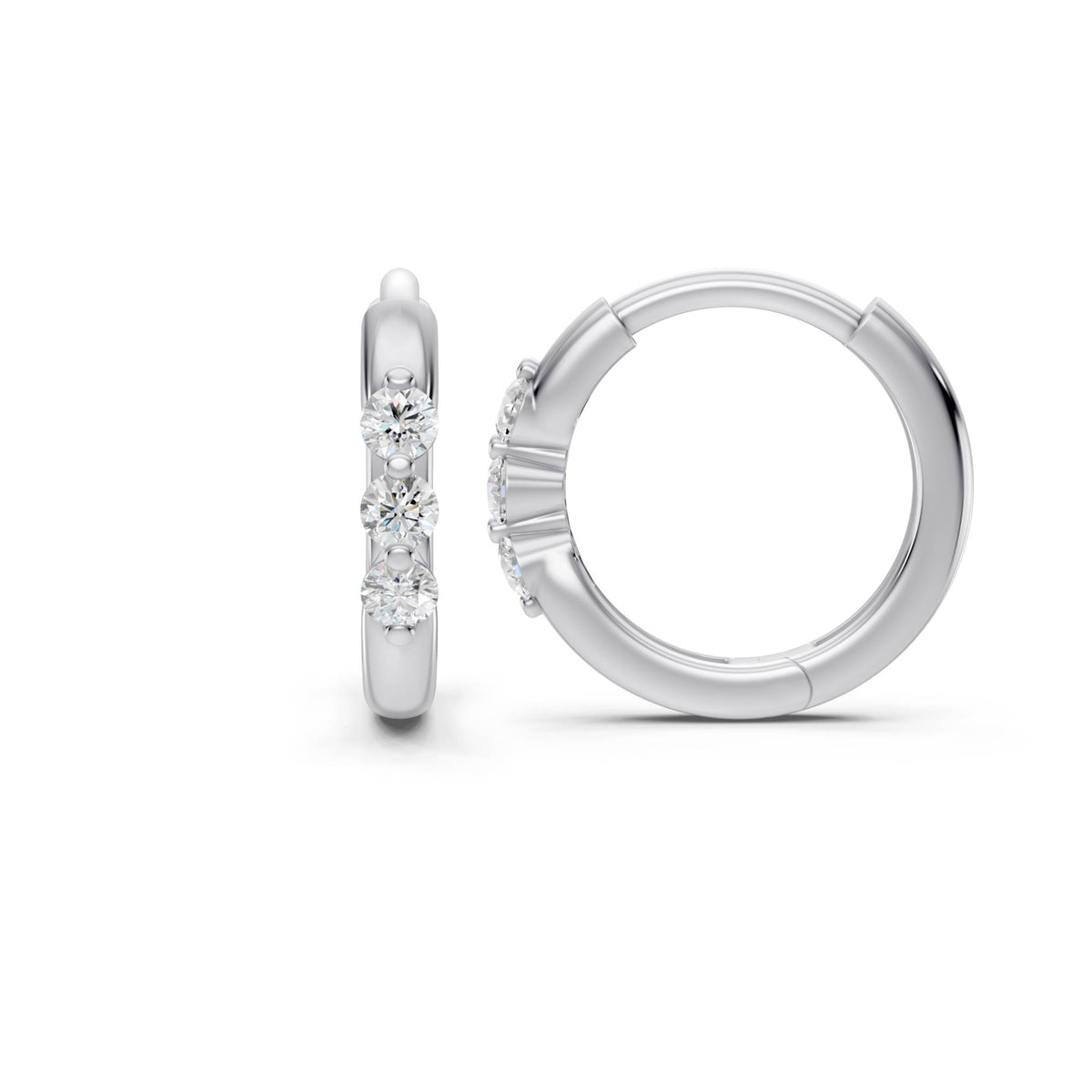 Three-Stone Lab-Grown Diamond Huggie Earrings in white gold, view 4 | E050-M04