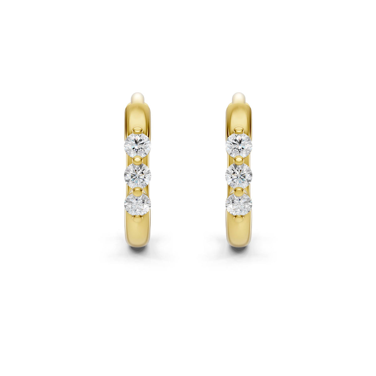 Three-Stone Lab-Grown Diamond Huggie Earrings in yellow gold, view 1 | E050-M06