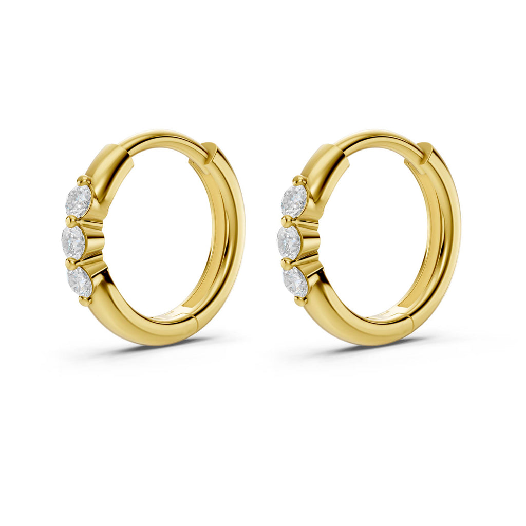 Three-Stone Lab-Grown Diamond Huggie Earrings in yellow gold, view 2 | E050-M07