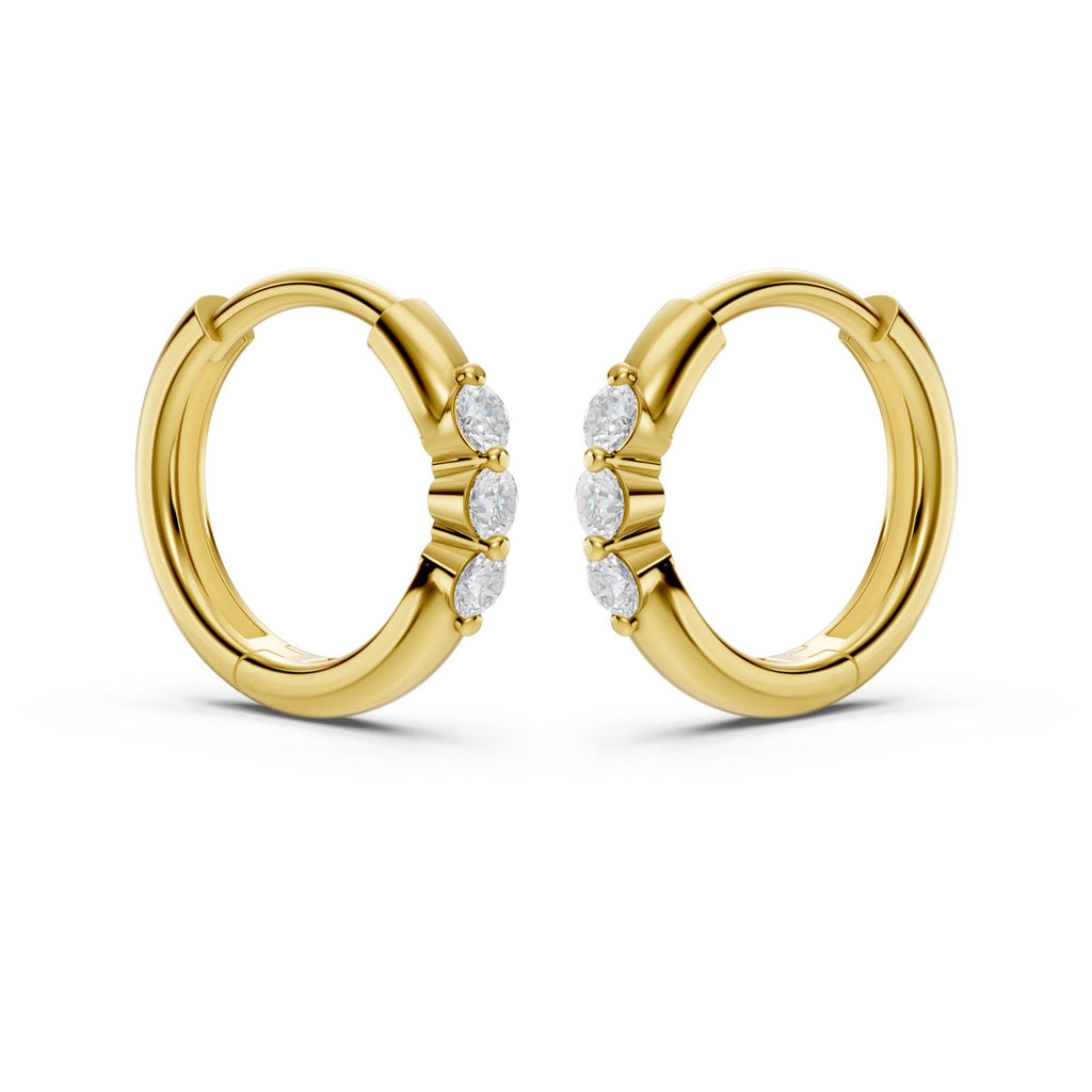 Three-Stone Lab-Grown Diamond Huggie Earrings in yellow gold, view 3 | E050-M08