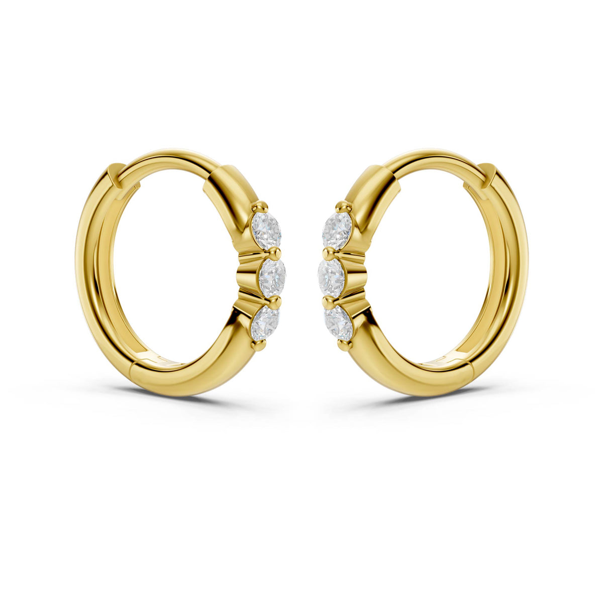 Three-Stone Lab-Grown Diamond Huggie Earrings in yellow gold, view 3 | E050-M08