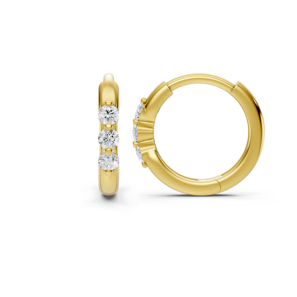 Three-Stone Lab-Grown Diamond Huggie Earrings in yellow gold, view 4 | E050-M09