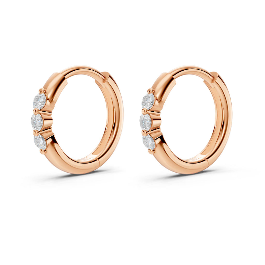Three-Stone Lab-Grown Diamond Huggie Earrings in rose gold, view 2 | E050-M12