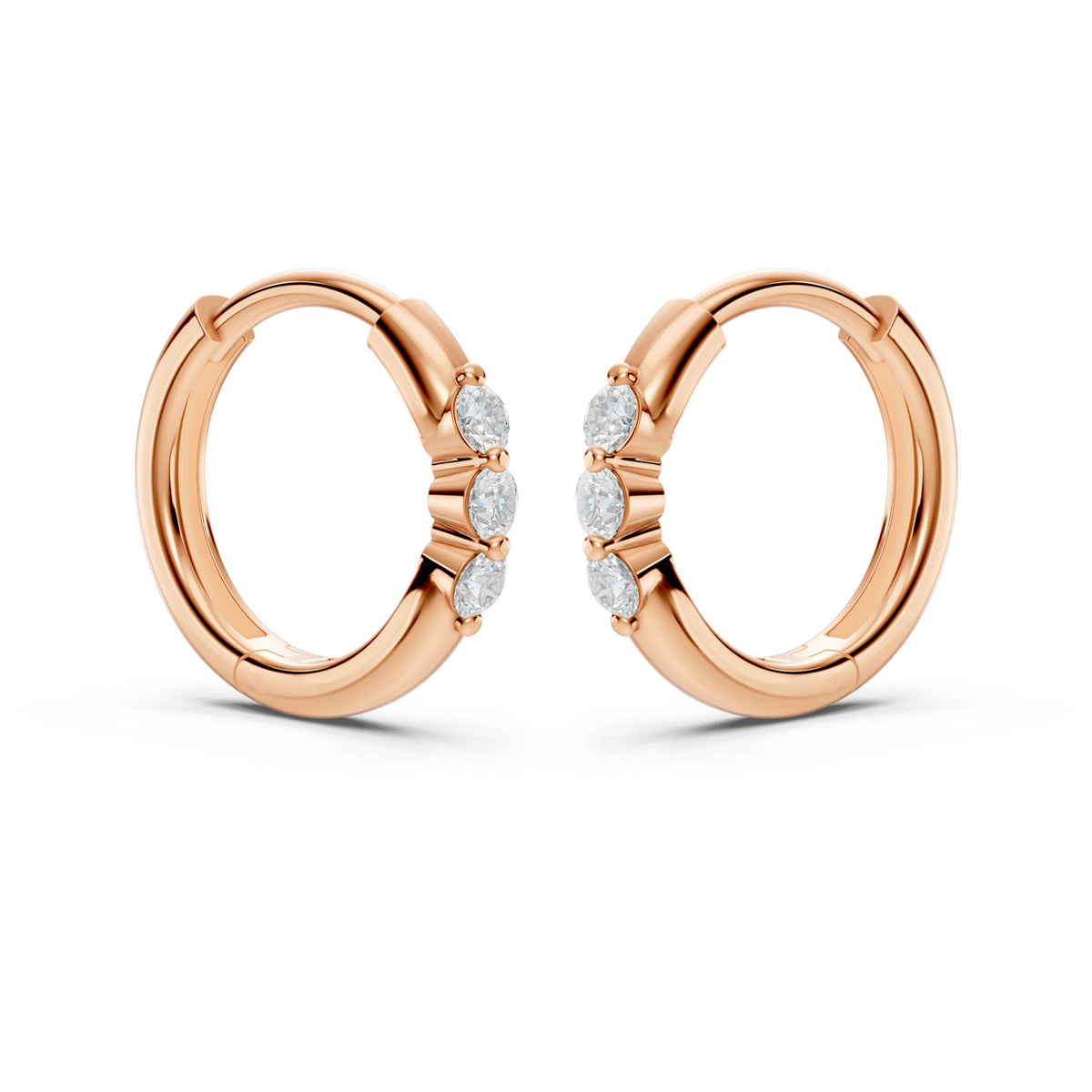 Three-Stone Lab-Grown Diamond Huggie Earrings in rose gold, view 4 | E050-M14