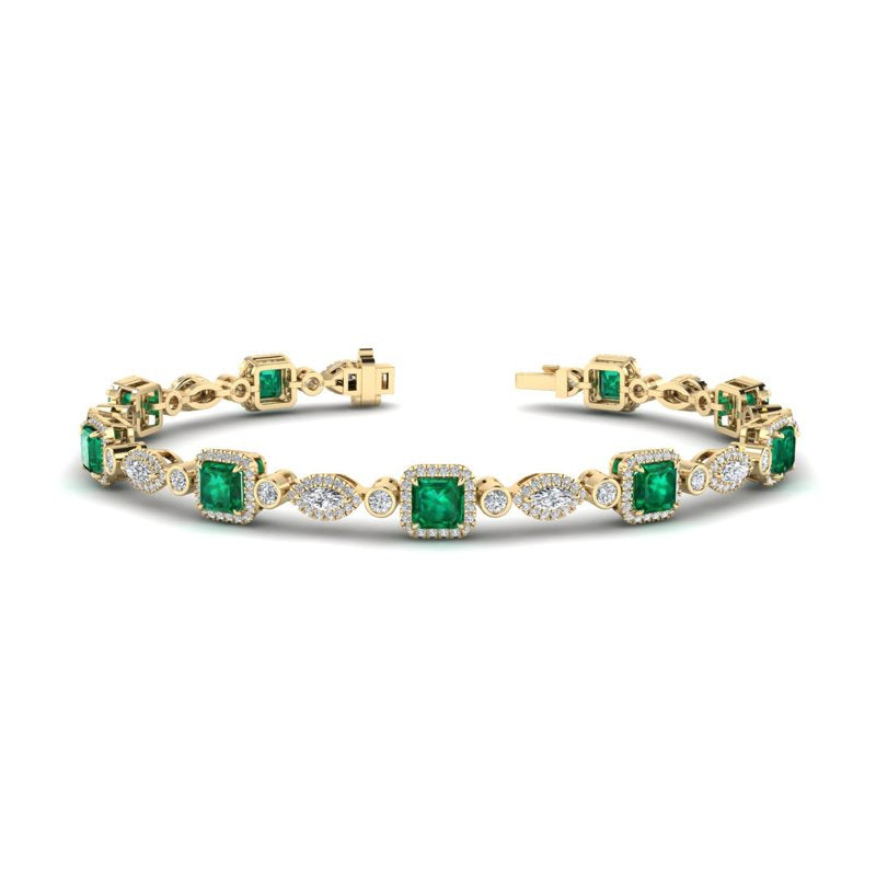 Yellow Gold Emerald & Diamond Halo Bracelet (6-1/2ctw)