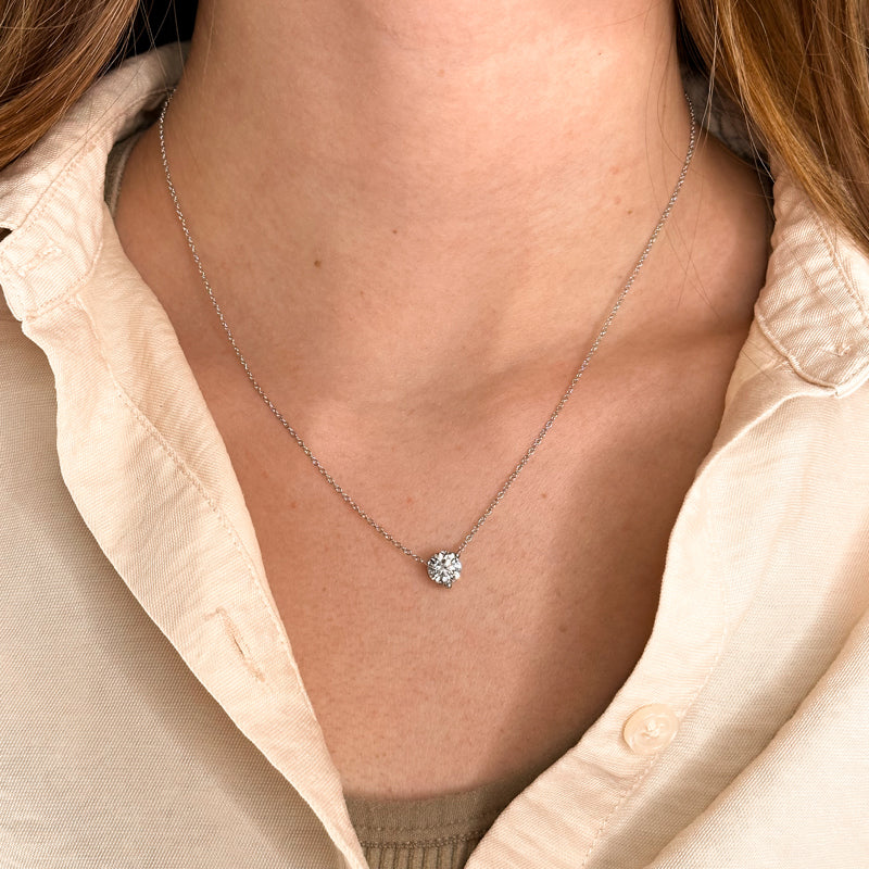 Three Prong Lab Grown Diamond Solitaire Pendant — 14K White Gold / 1-1/2ctw