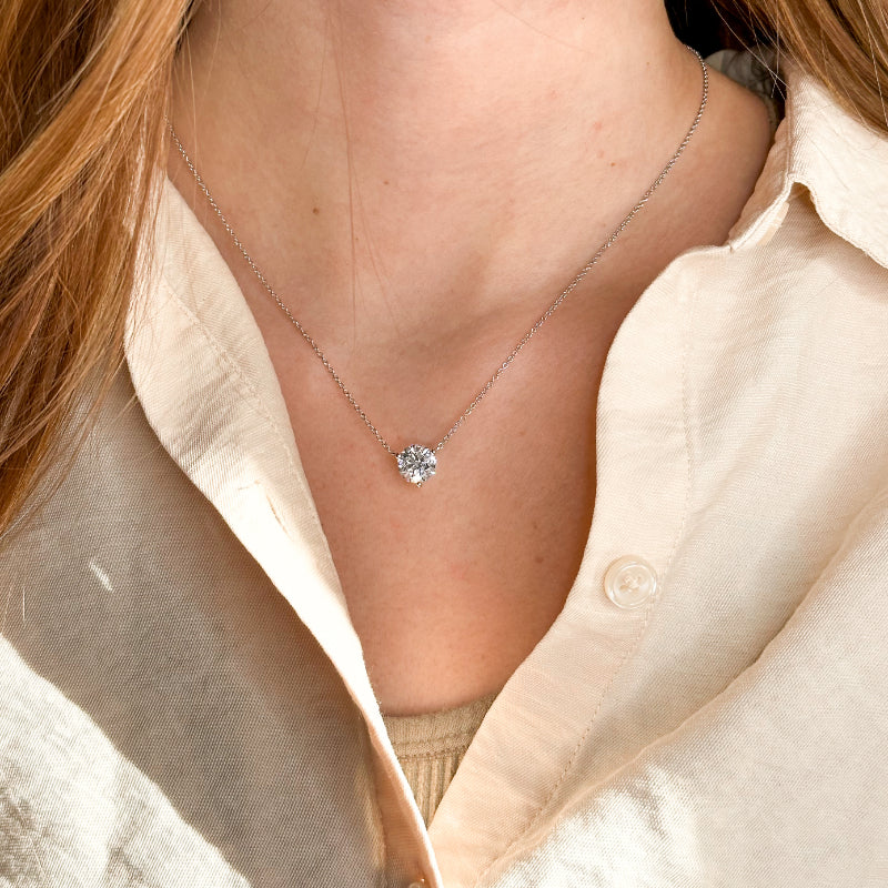 Three Prong Lab Grown Diamond Solitaire Pendant — 14K White Gold / 2-1/2ctw