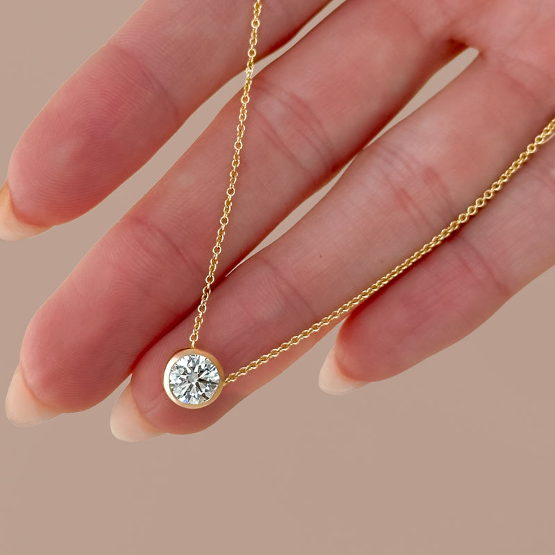 Yellow Gold Round 1ct Lab Grown Diamond Bezel Set Solitaire Pendant