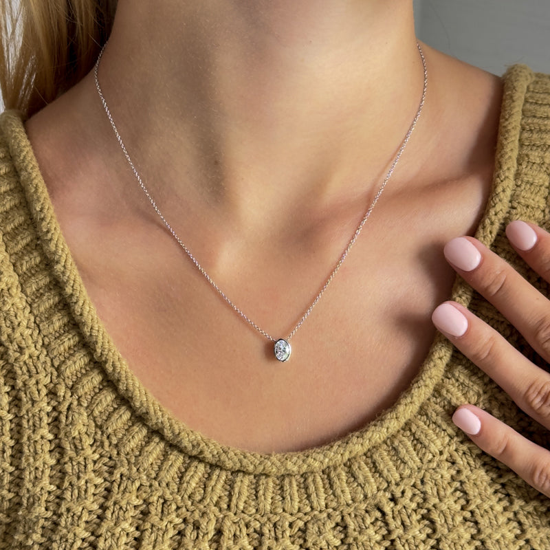 White Gold Oval 1ct Lab Grown Diamond Bezel Set Solitaire Pendant