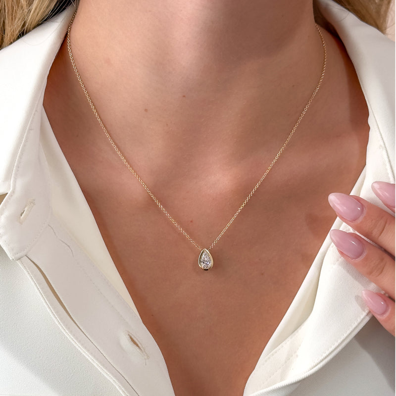 Yellow Gold Pear 1ct Lab Grown Diamond Bezel Set Solitaire Pendant