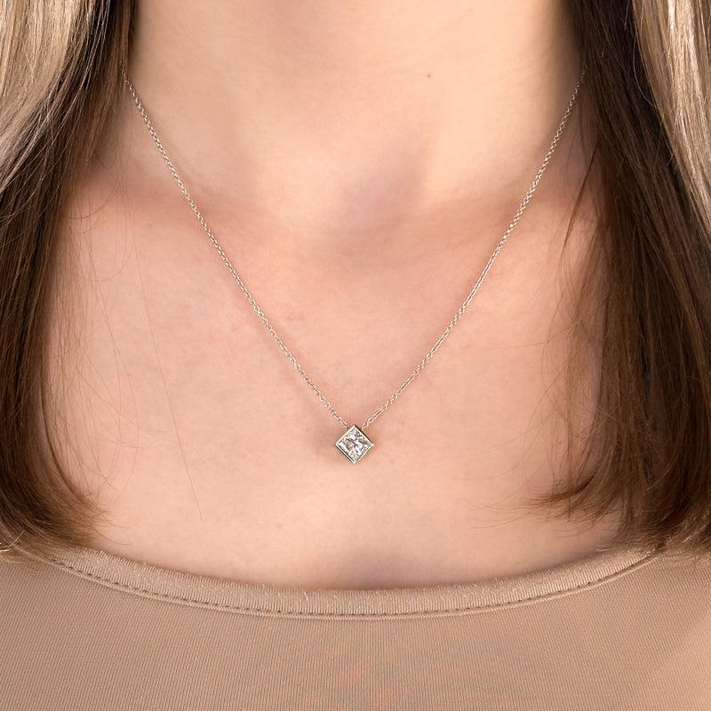 White Gold Princess 1ct Lab Grown Diamond Bezel Set Solitaire Pendant