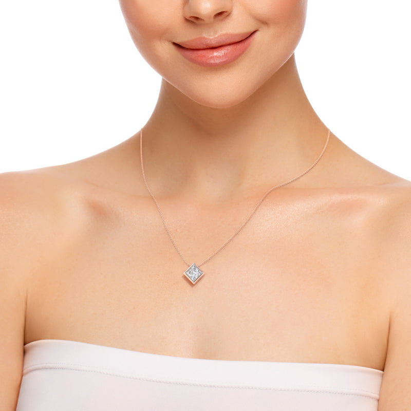 Rose Gold Princess 3ct Lab Grown Diamond Bezel Set Solitaire Pendant