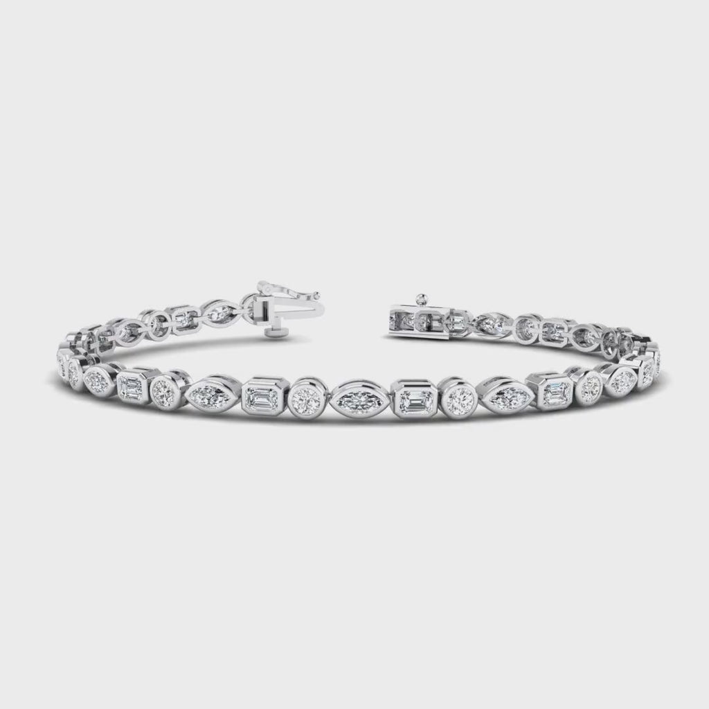 MET-WB-0010 | 14K White Gold | LGBT0165 | White Gold Bezel Mix Shaped Tennis Bracelet (4ctw) | LGBT0165-1.mp4