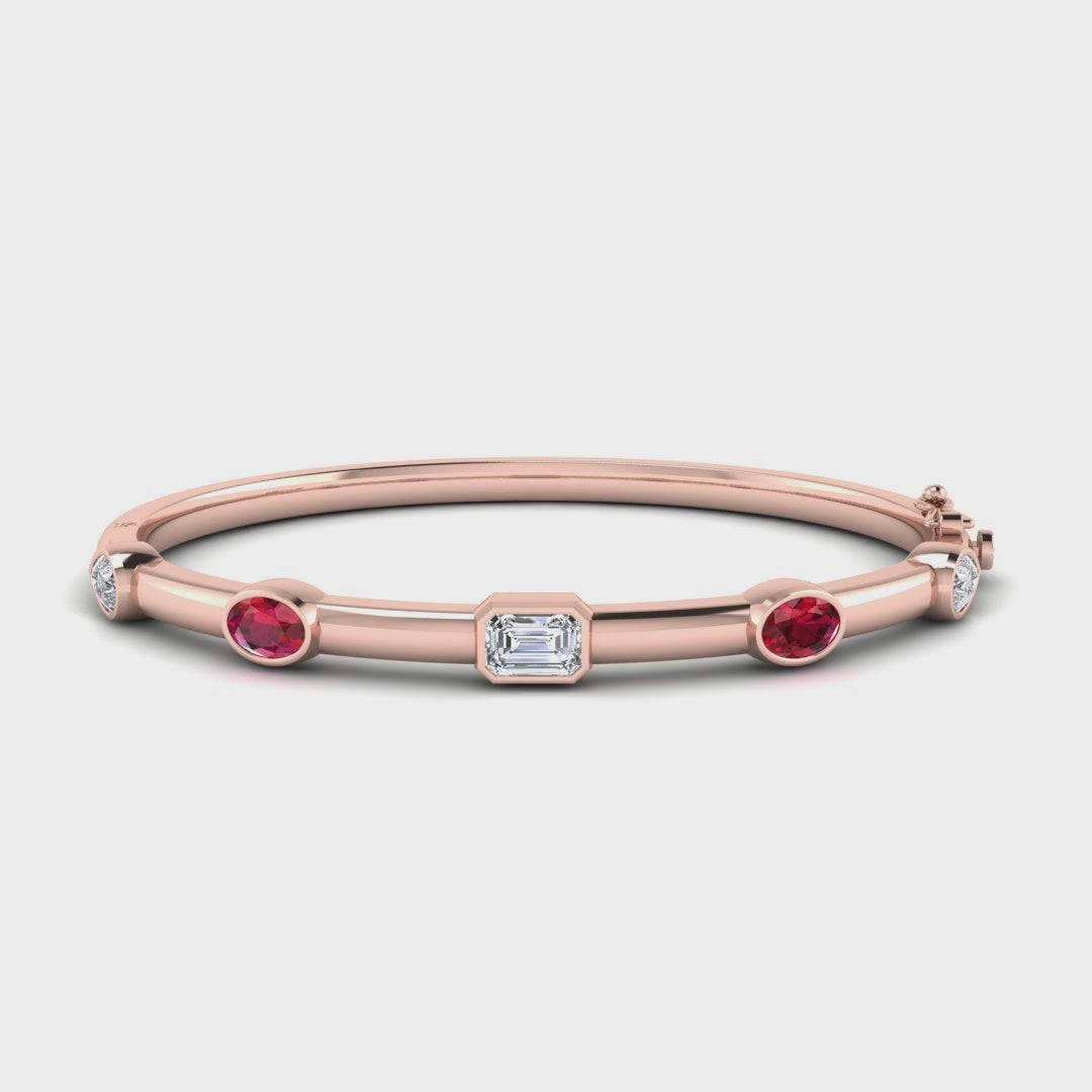 MET-WB-0075 | 14K Rose Gold | LGBB0029 | Rose Gold Bold Ruby Mixed Shaped Bangle | LGBB0029-1.mp4