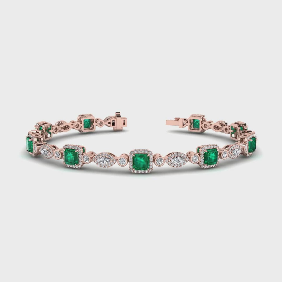 MET-WB-0060 | 14K Rose Gold | LGBT0170 | Rose Gold Emerald & Diamond Halo Bracelet (6-1/2ctw) | LGBT0170-1.mp4