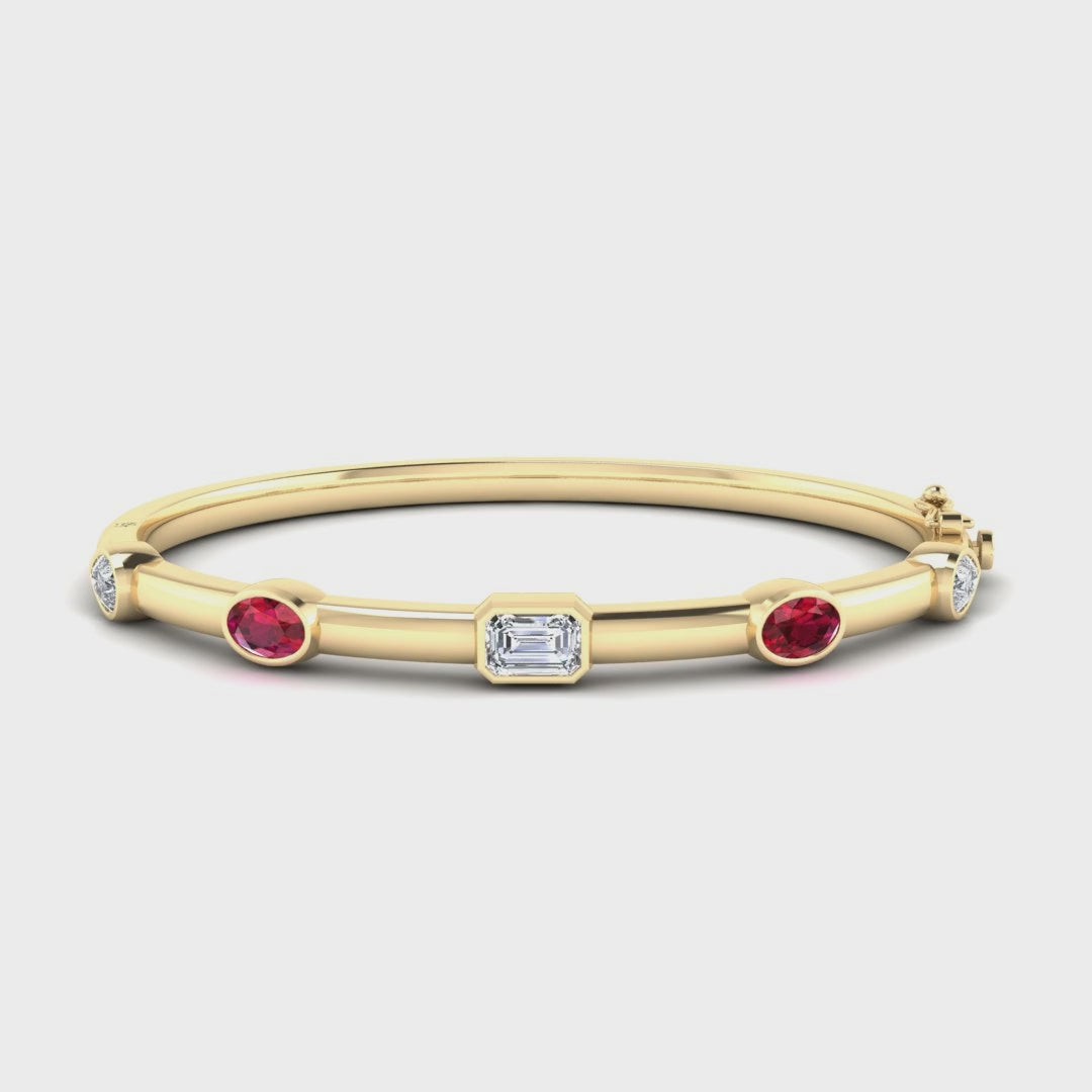 MET-WB-0075 | 14K Yellow Gold | LGBB0035 | Yellow Gold Bold Ruby Mixed Shaped Bangle | LGBB0035-1.mp4