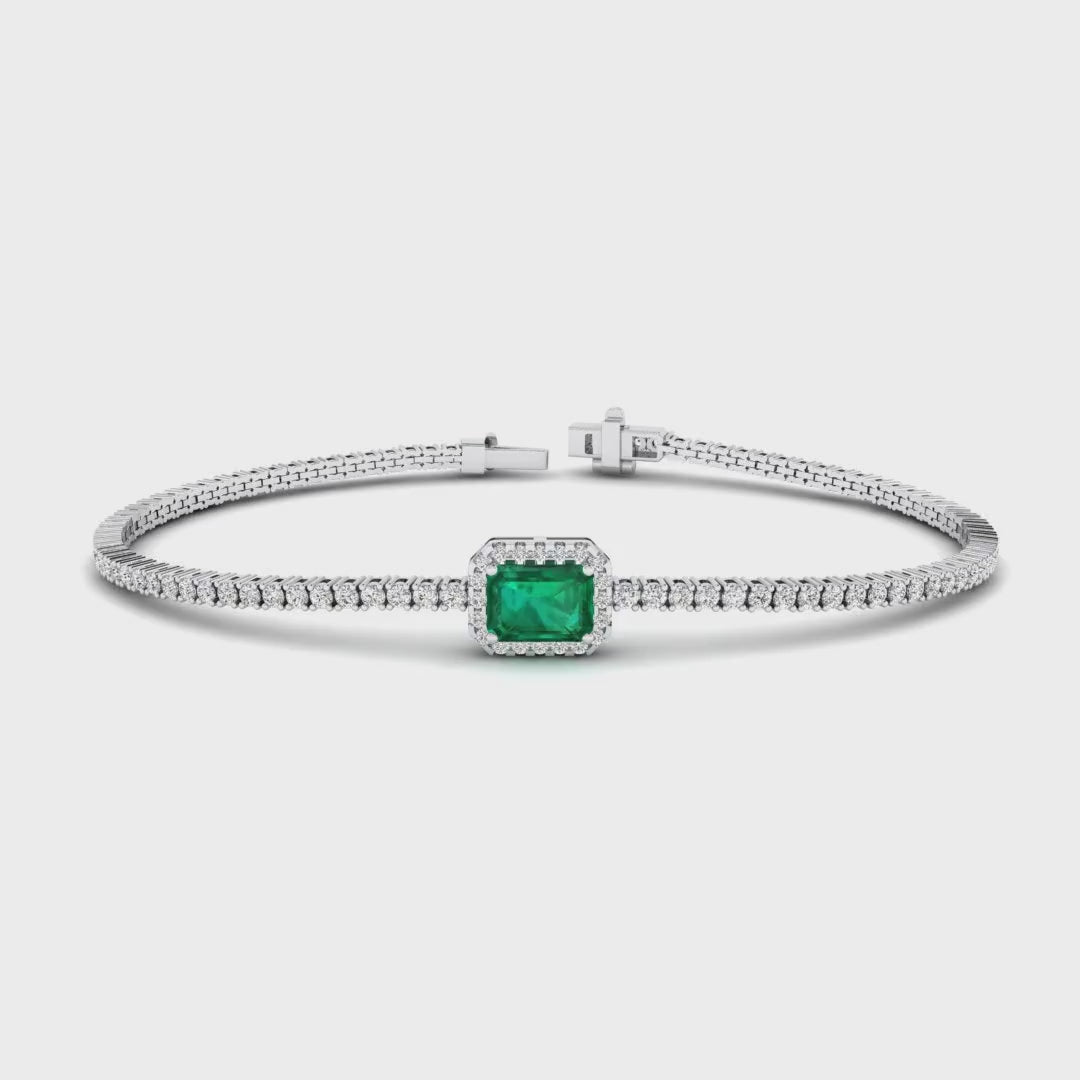 MET-WB-0057 | 14K White Gold | LGBT0119 | White Gold Emerald Halo Diamond Bracelet | LGBT0119-1.mp4