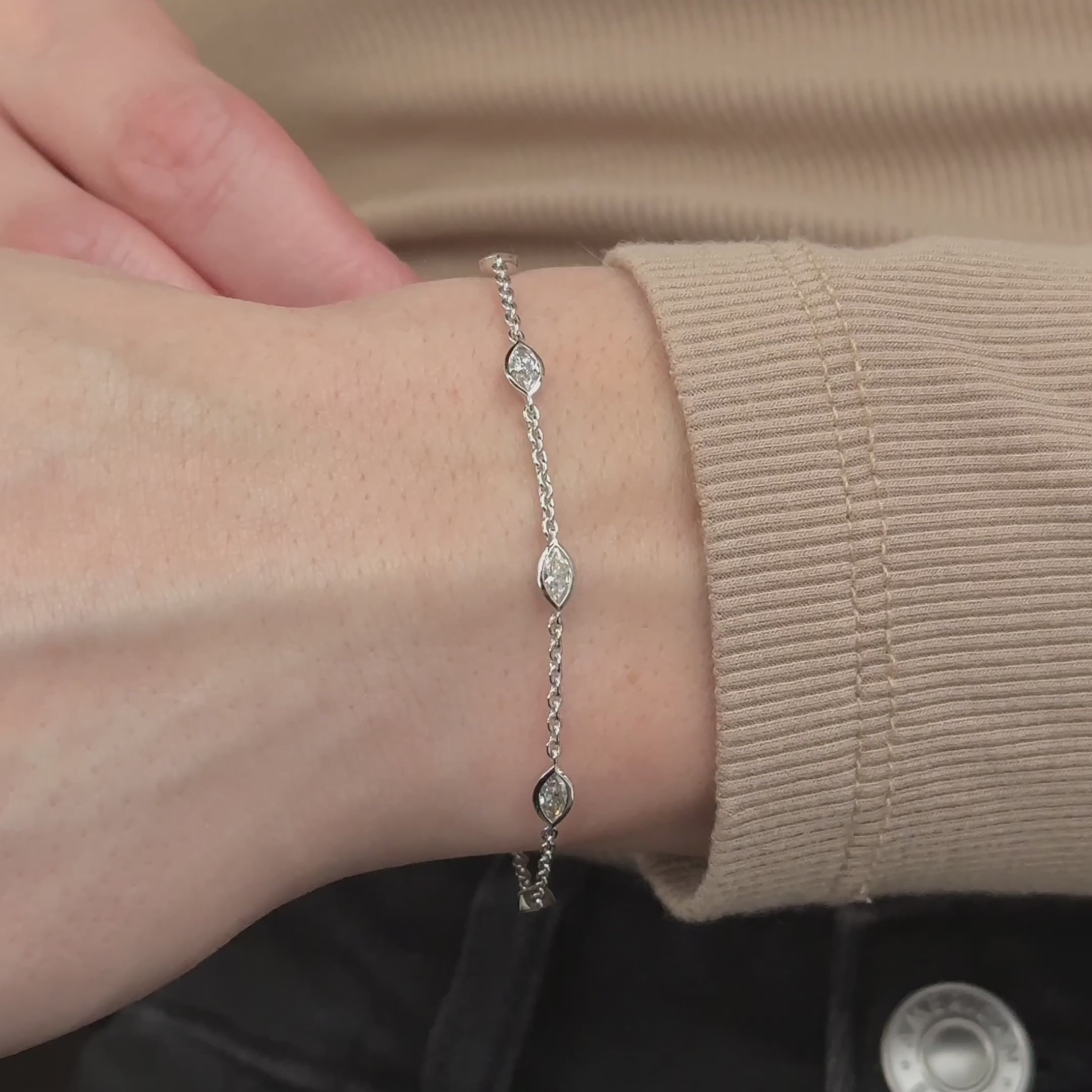 MET-WB-0018 | 14K White Gold | LGBT0061 | White Gold Five Marquise Adjustable Lab Grown Diamond Bracelet (9/10ctw) | LGBT0061-vid.mp4