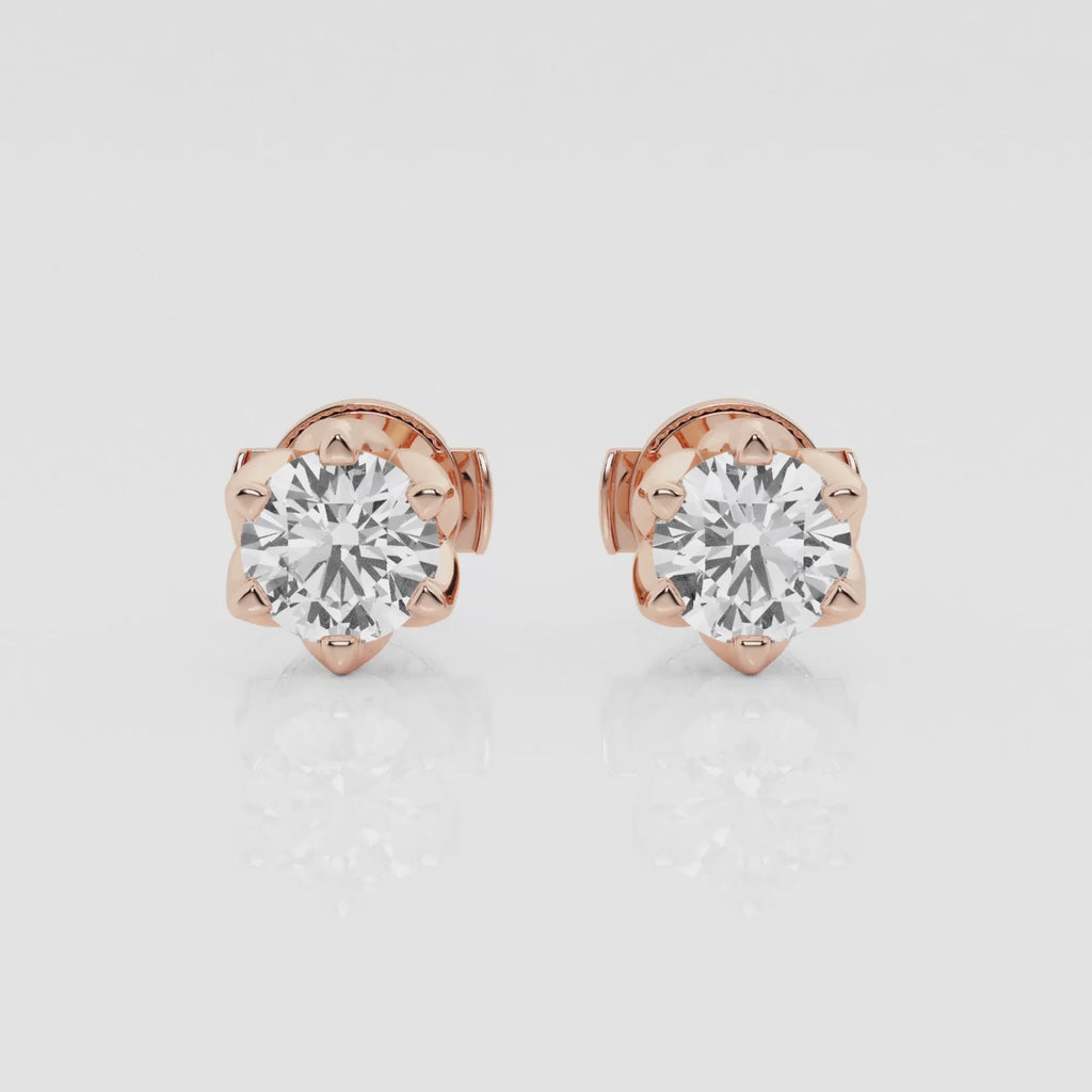 Ronde Lab Grown Diamond Six Prong Flower Petal Solitaire Stud Oorbellen | GBK038 — Productreferentievideo