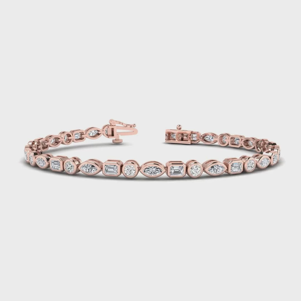 MET-WB-0010 | 14K Rose Gold | LGBT0164 | Rose Gold Bezel Mix Shaped Tennis Bracelet (4ctw) | LGBT0164-1.mp4
