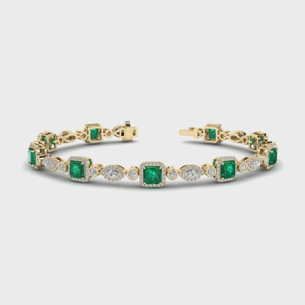 MET-WB-0060 | 14K Yellow Gold | LGBT0176 | Yellow Gold Emerald & Diamond Halo Bracelet (6-1/2ctw) | LGBT0176-1.mp4