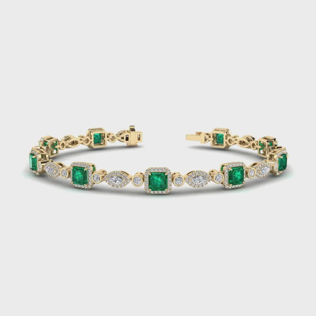 MET-WB-0060 | 14K Yellow Gold | LGBT0176 | Yellow Gold Emerald & Diamond Halo Bracelet (6-1/2ctw) | LGBT0176-1.mp4