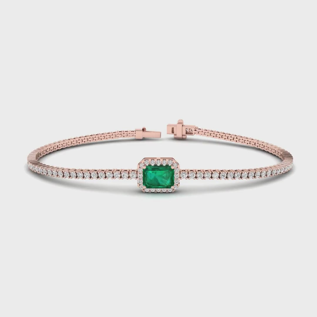 MET-WB-0057 | 14K Rose Gold | LGBT0116 | Rose Gold Emerald Halo Diamond Bracelet | LGBT0116-1.mp4